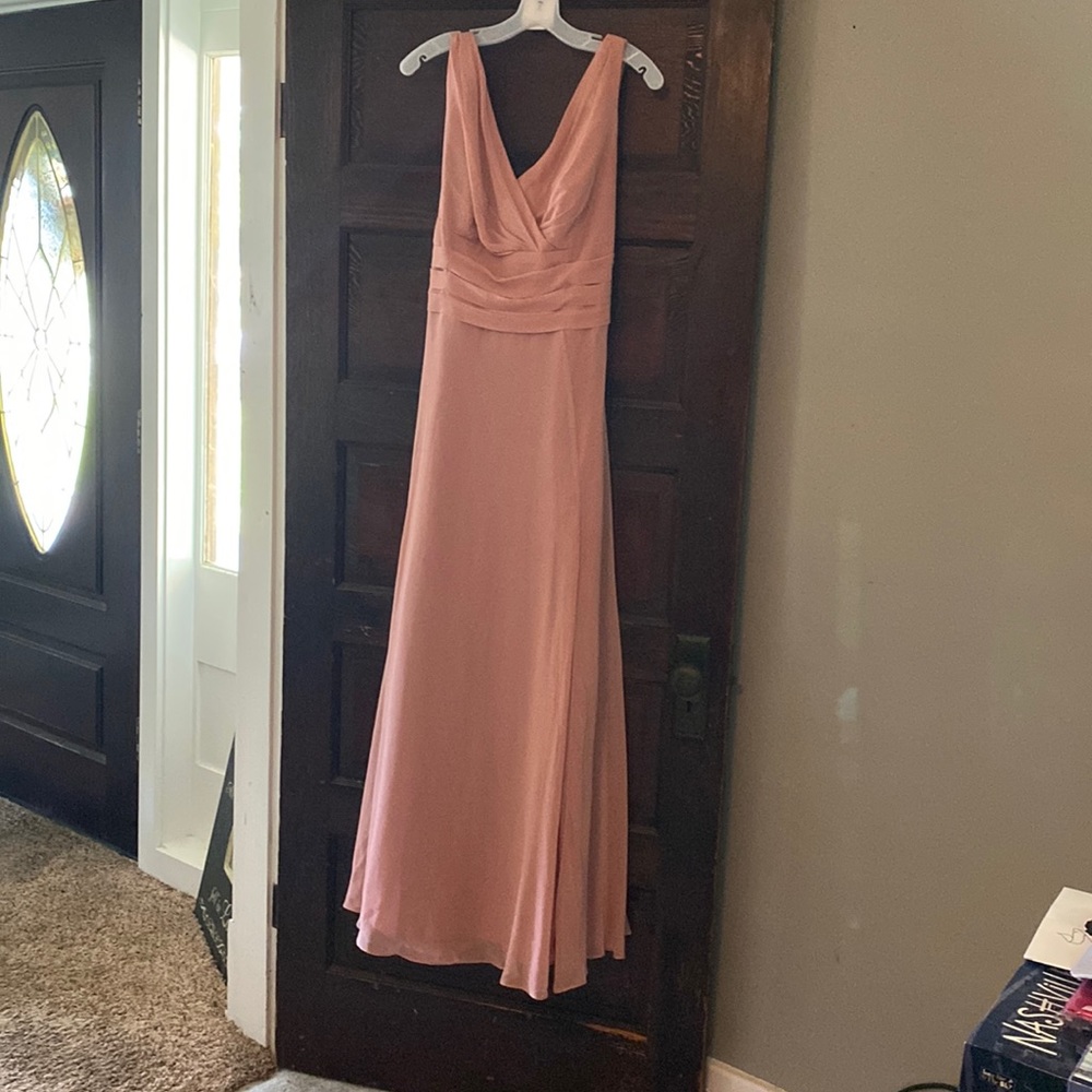 David’s Bridal Desert Coral Surplice Tank Long Chiffon Bridesmaid Dress